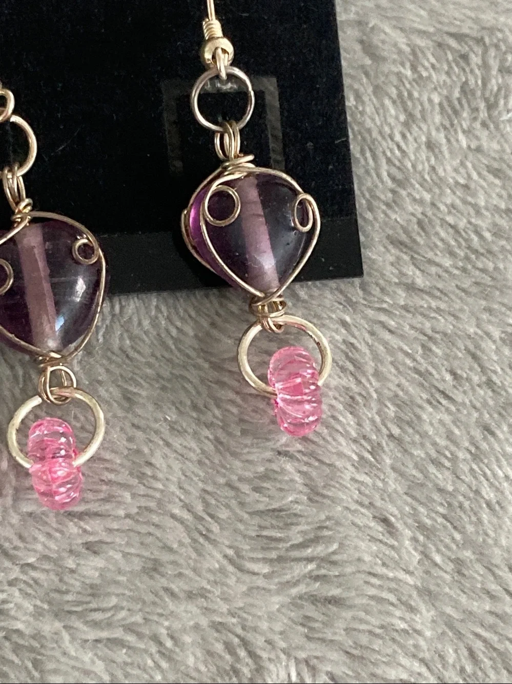 Pink and purple glass heart beaded earrings